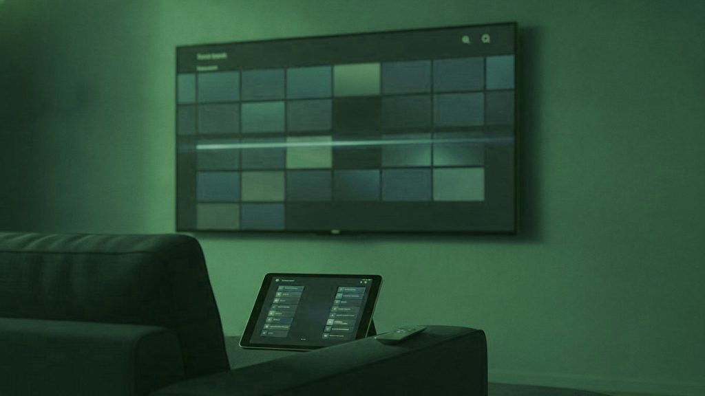 A TV showing a programme guide grid with a tablet and phone showing channel lists on a sofa