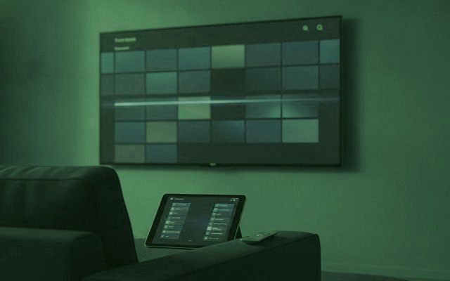 A TV showing a programme guide grid with a tablet and phone showing channel lists on a sofa