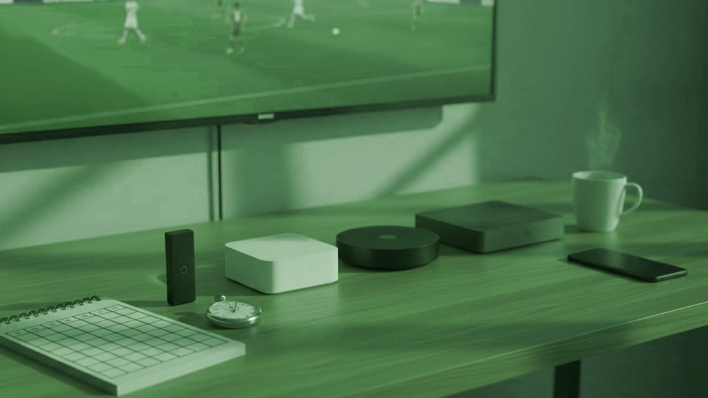 Five streaming devices, a notebook scoring grid and a stopwatch in front of a TV showing a football match