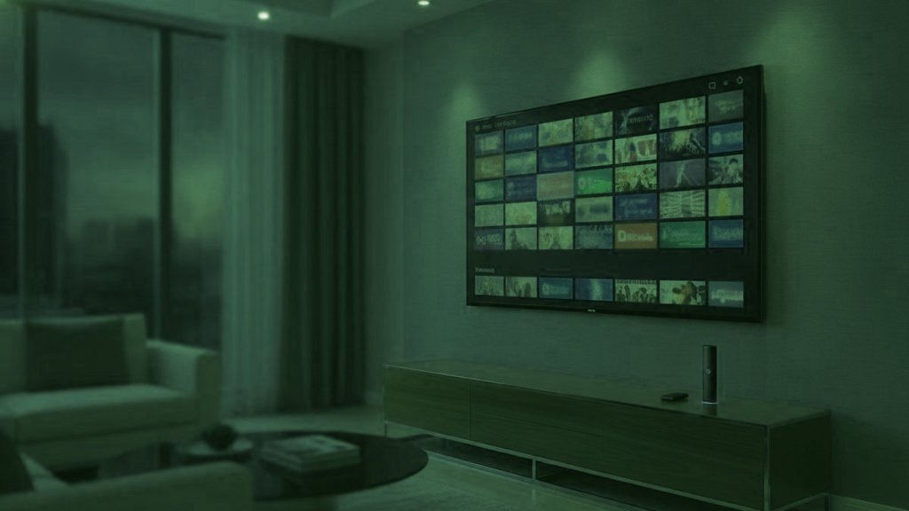A living-room TV showing an IPTV channel guide with a streaming stick on the console
