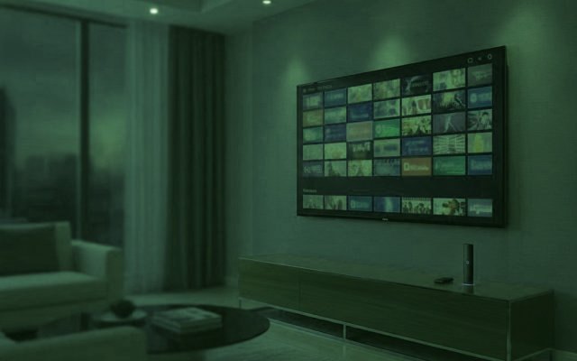 A living-room TV showing an IPTV channel guide with a streaming stick on the console
